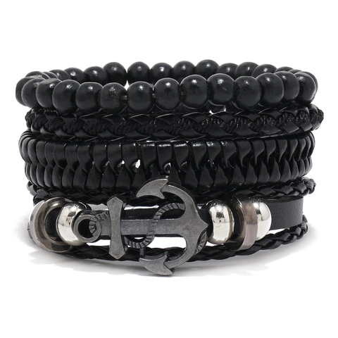 Vintage Herren Nautisch Armband Rindsleder Geflochten Wachskordel Holzperlen Anker Steuerrad Anhänger Handgefertigt Punk Schmuck