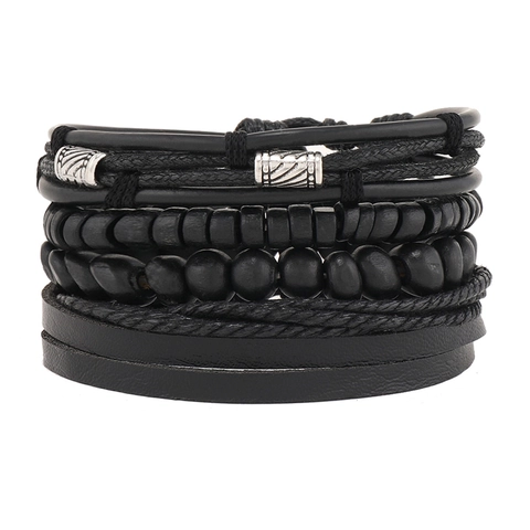 Herren Retro Mehrlagiges Leder Geflochtenes Armband Set Handgefertigtes Wachsseil Legierung Holzperlen Punk Bohemischer Schmuck