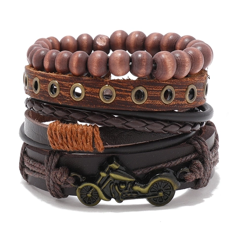Vintage Meerlagige Heren Leer Gevlochten Armband Set Houten Kralen Legering Motorfiets Bedel Bruin Punk Sieraden Voor Mannen
