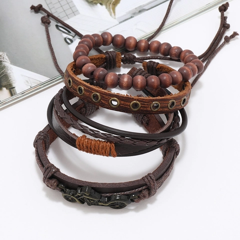 Vintage Meerlagige Heren Leer Gevlochten Armband Set Houten Kralen Legering Motorfiets Bedel Bruin Punk Sieraden Voor Mannen