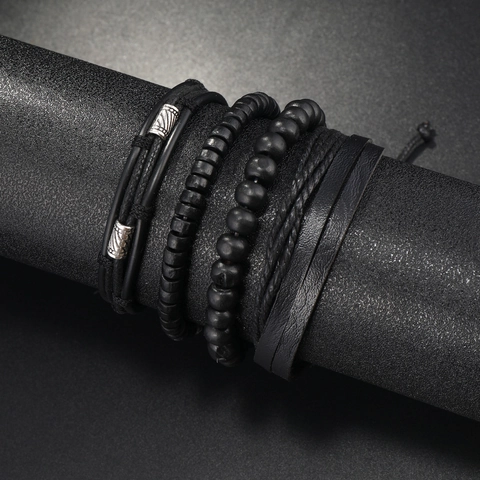 Herren Retro Mehrlagiges Leder Geflochtenes Armband Set Handgefertigtes Wachsseil Legierung Holzperlen Punk Bohemischer Schmuck