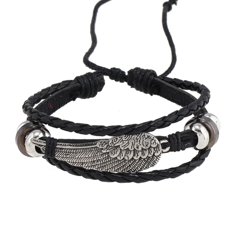 Bracciale in Pelle Intrecciata Multistrato con Ciondolo ad Ala in Lega per Uomo Stile Punk Rock Regolabile Gioielli Fatti a Mano Regalo Nero