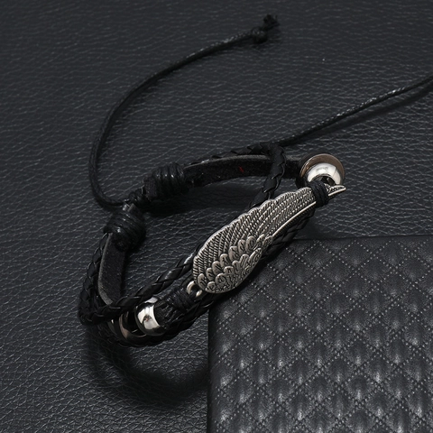 Bracciale in Pelle Intrecciata Multistrato con Ciondolo ad Ala in Lega per Uomo Stile Punk Rock Regolabile Gioielli Fatti a Mano Regalo Nero