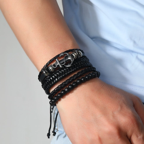 Vintage Herren Nautisch Armband Rindsleder Geflochten Wachskordel Holzperlen Anker Steuerrad Anhänger Handgefertigt Punk Schmuck