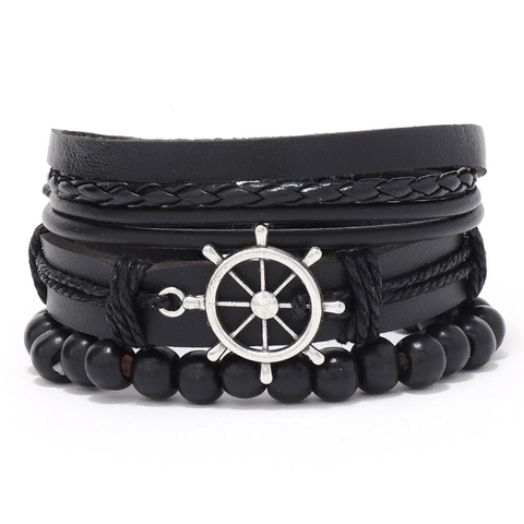 Nautisch Roer Heren Meerlaags Leren Armband Gevlochten Koeienhuid Waskoord Anker Charm Punk Retro Heren Sieraden Accessoire