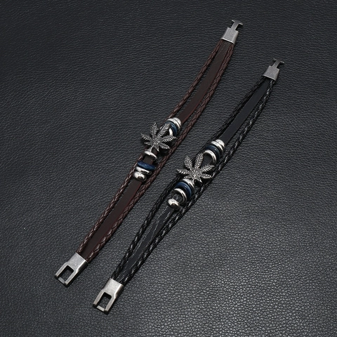 Men's Vintage Multilayer Braided Leather Bracelet With Metal Maple Leaf Pendant Punk Alloy Charm Bangle Jewelry For Men