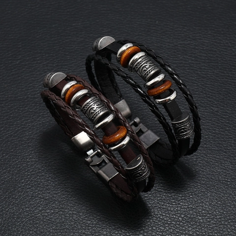Bracciale in Pelle Intrecciata Multistrato da Uomo Retro Perline di Legno Fibbia in Lega Stile Etnico Punk Braccialetto Regalo