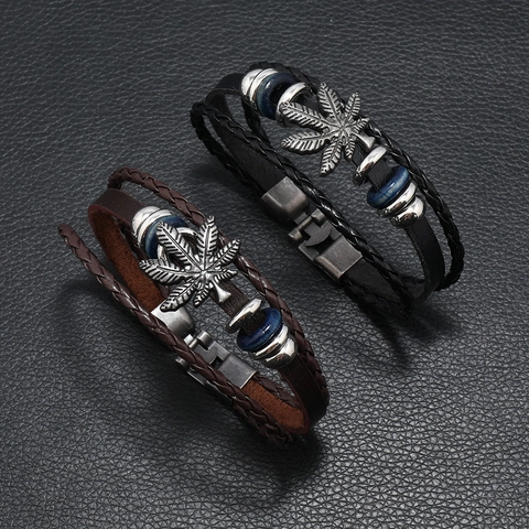 Men's Vintage Multilayer Braided Leather Bracelet With Metal Maple Leaf Pendant Punk Alloy Charm Bangle Jewelry For Men