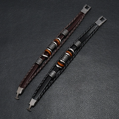 Bracciale in Pelle Intrecciata Multistrato da Uomo Retro Perline di Legno Fibbia in Lega Stile Etnico Punk Braccialetto Regalo