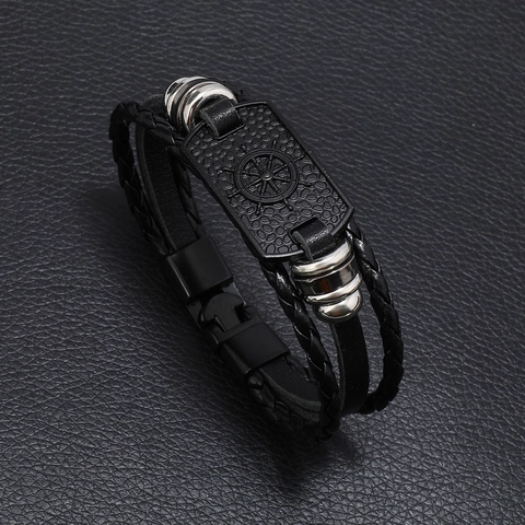 Heren Handgemaakte Gevlochten Runderleren Armband Meerlaags Nautisch Stuurwiel Legering Bedel Mode Sieraden Cadeau