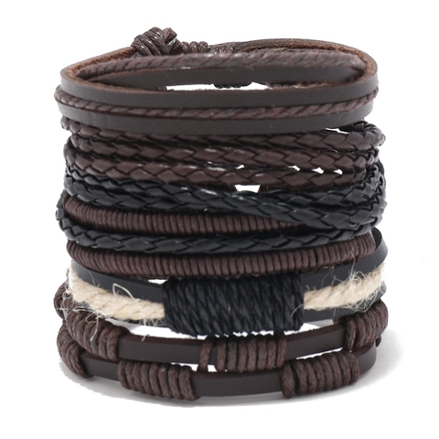Retro Men Braided Leather Bracelet Set Vintage Punk Hand-Woven Cowhide Wax Rope Multi-Layer Adjustable Wrap Wristband Jewelry