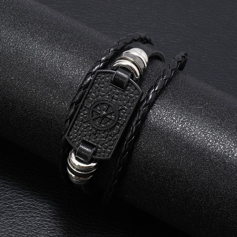 Heren Handgemaakte Gevlochten Runderleren Armband Meerlaags Nautisch Stuurwiel Legering Bedel Mode Sieraden Cadeau