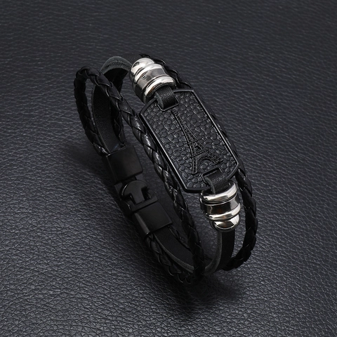 Bracciale da Uomo Multistrato in Pelle Intrecciata Con Piastra in Lega della Torre Eiffel Stile Vichingo Chiusura Magnetica Gioielli Retro