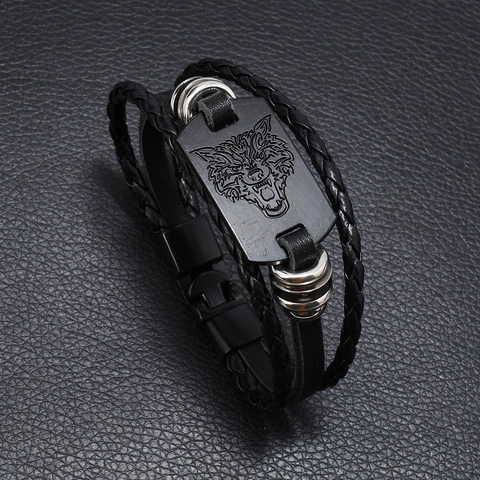 Bracciale Punk Testa di Lupo Vichingo per Uomo Bracciale Avvolgente in Pelle di Vacca Intrecciata Multistrato Fatto a Mano Gioielli Uomo Vintage
