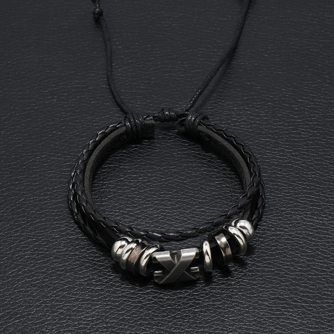 Bracciale Vintage da Uomo in Pelle Bovina Intrecciata Multistrato Simbolo X in Metallo Corda Cerata Regolabile Punk Gioielli Regalo