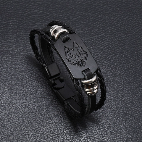 Men's Punk Leather Braided Bracelet Wolf Head Metal Charm Multi-Layer Street Wristband Vintage Fashion Jewelry Gift