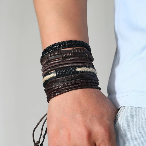 Retro Men Braided Leather Bracelet Set Vintage Punk Hand-Woven Cowhide Wax Rope Multi-Layer Adjustable Wrap Wristband Jewelry