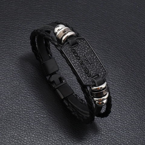 Bracciale da Uomo Vintage Multistrato Intrecciato in Cuoio di Vacca Croce in Lega God Bless Charm Gioielli Punk Moda