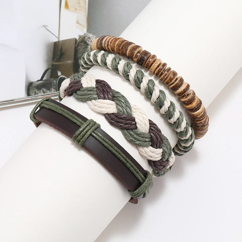 Set Bracciali Uomo Vintage Fatto a Mano Intrecciato Pelle Perline Stile Bohémien Etnico Legno Cordino Cotone Gioielli
