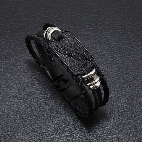 Men Punk Vintage Multi-Layer Woven Leather Bracelet With Feather Alloy Nameplate Handmade Braided Wristband Jewelry Gift