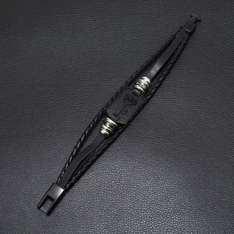 Bracciale da Uomo in Pelle di Vacca Intrecciata Multistrato in Lega Cuore Chiave Love Piastra Metallica Stile Punk Gioielli Moda