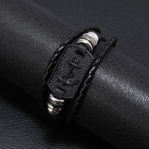 Nautical Anchor Men Multilayer Braided Leather Bracelet Handmade Alloy Nautical Plate Punk Retro Sailor Biker Jewelry For Men