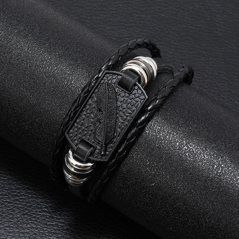 Men Punk Vintage Multi-Layer Woven Leather Bracelet With Feather Alloy Nameplate Handmade Braided Wristband Jewelry Gift