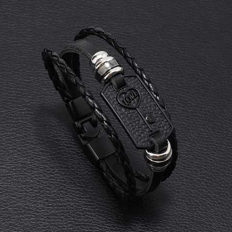 Bracciale da Uomo in Pelle di Vacca Intrecciata Multistrato in Lega Cuore Chiave Love Piastra Metallica Stile Punk Gioielli Moda