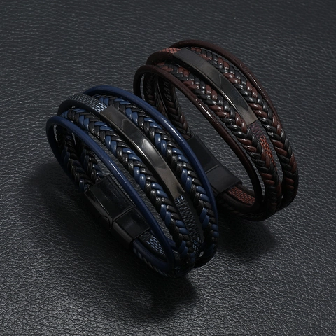 Pulsera de Cuero Trenzado Multicapa Retro para Hombre Con Cierre Magnético de Acero Inoxidable Joyería de Moda Casual Punk