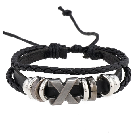 Bracciale Vintage da Uomo in Pelle Bovina Intrecciata Multistrato Simbolo X in Metallo Corda Cerata Regolabile Punk Gioielli Regalo