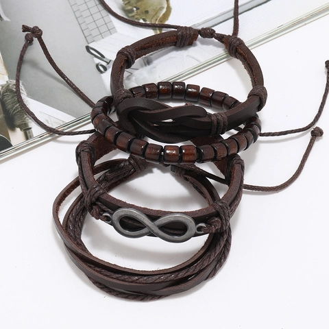 Vintage Herren Mehrlagiges Lederarmband Set Handgefertigt Gewebt Unendlichkeitssymbol Holzperlen Verstellbar Punk Schmuck