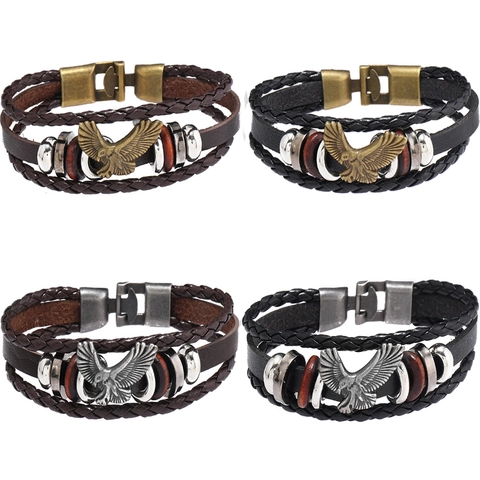Retro Punk Men Eagle Leather Bracelet Handmade Braided Multi Layer Alloy Charm Wood Beads Vintage Rock Jewelry Wristband
