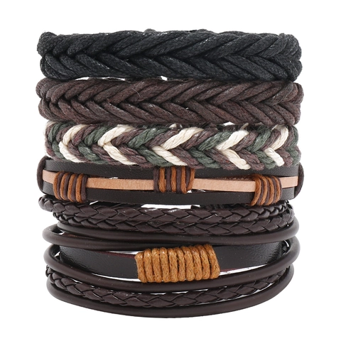 Men's Vintage Multilayer Handmade Braided Genuine Leather Bracelet Adjustable Wax Rope Ethic Jewelry For Casual Daily Wear