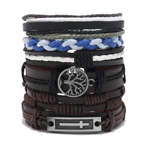 Bracciale in Pelle Multistrato da Uomo Retro Ciondolo Albero della Vita Croce Tessuto a Mano Bracciale Punk Gioielli Etnici