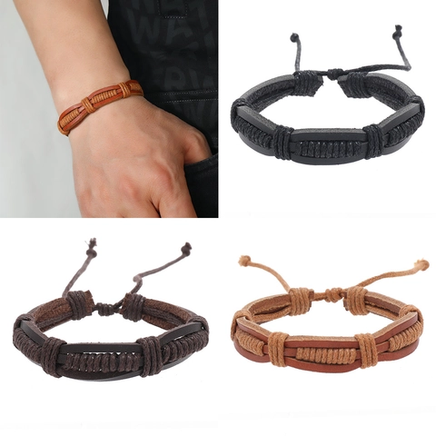 Handgemaakte Meerlagige Gevlochten Leren Armband Voor Heren Vintage Waskoord Verstelbare Polsband Casual Sieraden