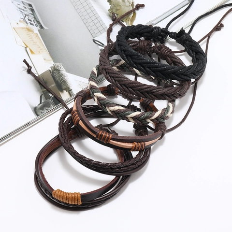Men's Vintage Multilayer Handmade Braided Genuine Leather Bracelet Adjustable Wax Rope Ethic Jewelry For Casual Daily Wear