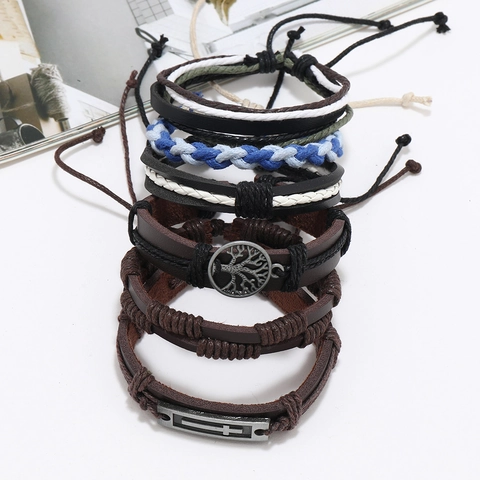 Bracciale in Pelle Multistrato da Uomo Retro Ciondolo Albero della Vita Croce Tessuto a Mano Bracciale Punk Gioielli Etnici