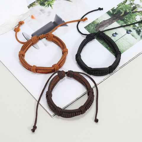 Handgemaakte Meerlagige Gevlochten Leren Armband Voor Heren Vintage Waskoord Verstelbare Polsband Casual Sieraden