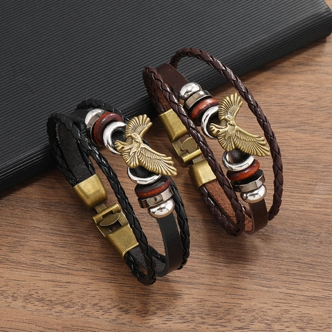 Retro Punk Men Eagle Leather Bracelet Handmade Braided Multi Layer Alloy Charm Wood Beads Vintage Rock Jewelry Wristband
