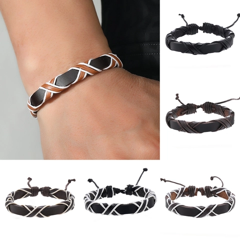 Pulsera de Cuero Trenzada a Mano Retro para Hombre Ajustable Multicapa Diseño de Cruz Estilo Punk Joyería de Regalo