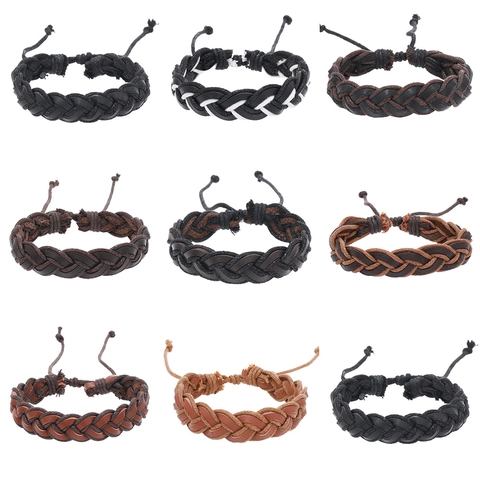 Vintage Handmade Cowhide Leather Braided Bracelet For Men Women Wave Style Woven Wax Cord Wristband Adjustable Jewelry