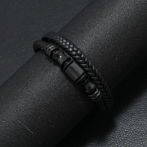 Bracciale Vintage in Pelle Intrecciata da Uomo Con Chiusura Magnetica Braccialetto Minimalista Multistrato in Lega Gioielli