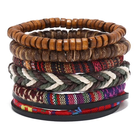 Böhmisch Ethno-Stil Mehrlagiges Armband-Set Handgefertigte Holzperlen Geflochtenes Seil Leder Wickelarmband Damen Herren Schmuck