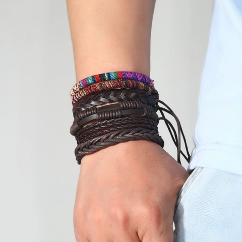 Bracciale in Pelle Intrecciata Vintage Bohemian Multicolore Multistrato Retro Etnico Regolabile per Uomo Donna Gioielli di Moda