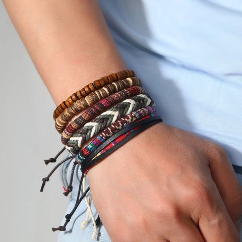 Böhmisch Ethno-Stil Mehrlagiges Armband-Set Handgefertigte Holzperlen Geflochtenes Seil Leder Wickelarmband Damen Herren Schmuck
