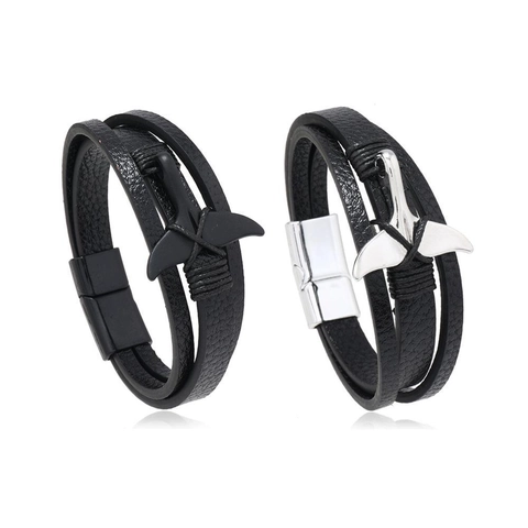 Pulsera de Cuero PU Multicapa Retro para Hombre Colgante de Cola de Ballena de Aleación Hebilla Magnética Náutica Joyería