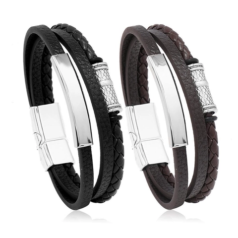 Pulsera De Cuero PU Trenzado De Varias Capas Para Hombre Con Cierre Magnético De Aleación Brazalete De Moda Punk Retro Para Hombre Joyería