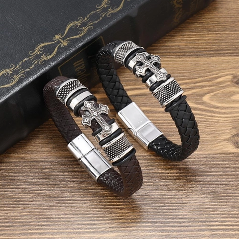Heren Retro Gevlochten Leren Kruis Armband Vintage Legering Magnetische Sluiting Armband Eenvoudige Punk Stijl Sieraden Cadeau