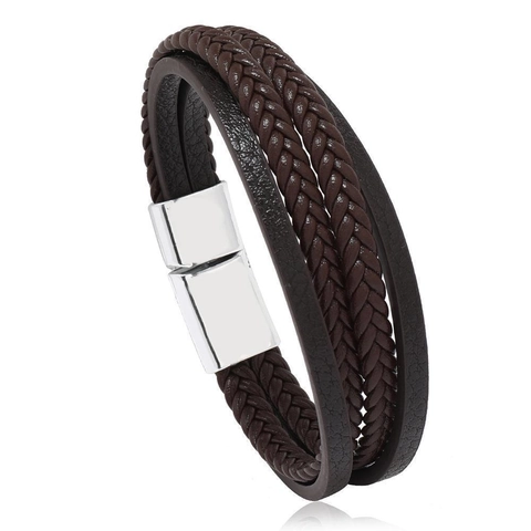 Herren Retro Mehrlagiges Geflochtenes Lederarmband Mit Magnetverschluss Minimalistisch Geometrisch Lederkordel Armreif Schmuck Herren