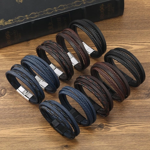 Men's Multilayer Braided Genuine Leather Bracelet With Magnetic Clasp Alloy Geometric Hand-Woven Wrap Bangle Jewelry Gift